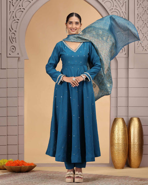 Blue Readymade Chiffon Frock Suit For Woman With Chanderi Jacquard Dupatta