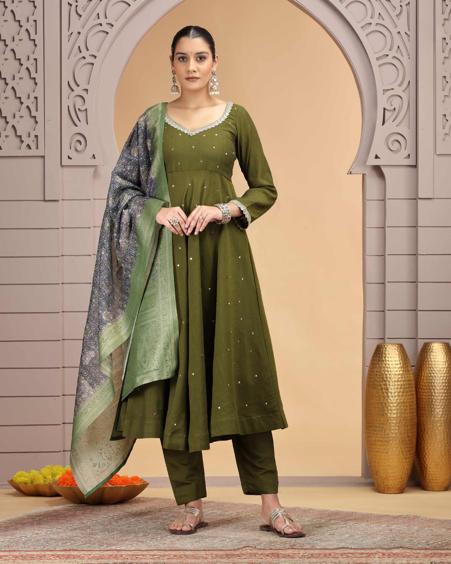 Green Readymade Chiffon Frock Suit For Woman With Chanderi Jacquard Dupatta