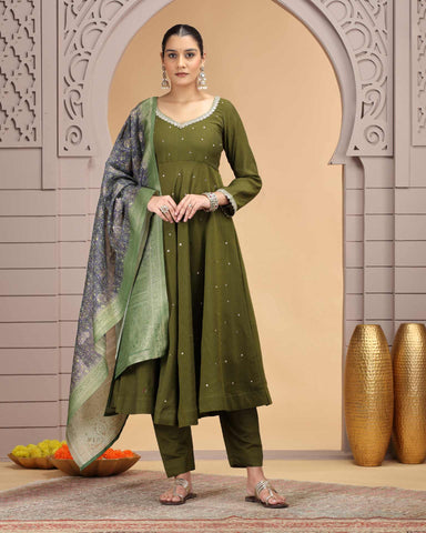 Green Readymade Chiffon Frock Suit For Woman With Chanderi Jacquard Dupatta