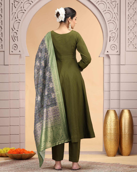 Green Readymade Chiffon Frock Suit For Woman With Chanderi Jacquard Dupatta