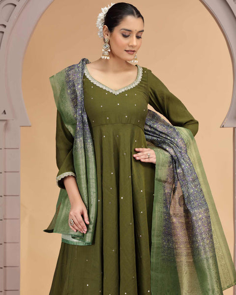 Green Readymade Chiffon Frock Suit For Woman With Chanderi Jacquard Dupatta