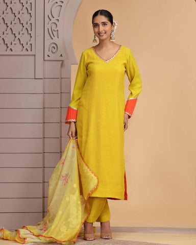 Yellow Readymade Chiffon Salwar Suit For Woman With Chanderi Jacquard Dupatta