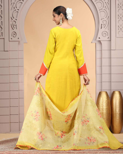 Yellow Readymade Chiffon Salwar Suit For Woman With Chanderi Jacquard Dupatta