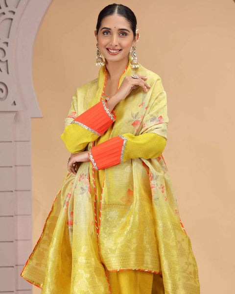 Yellow Readymade Chiffon Salwar Suit For Woman With Chanderi Jacquard Dupatta