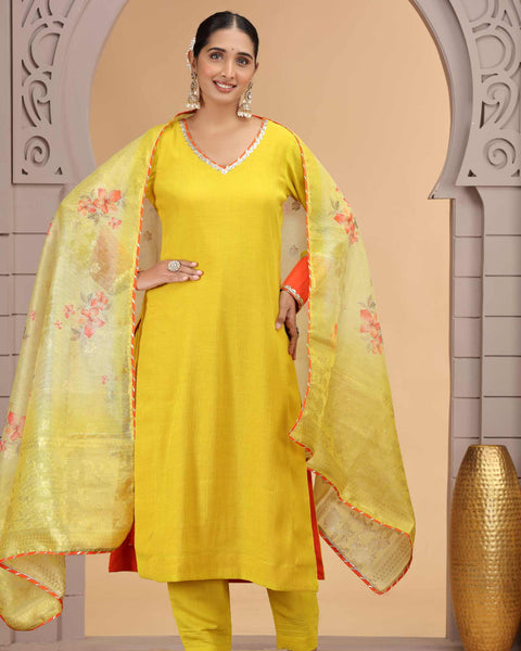 Yellow Readymade Chiffon Salwar Suit For Woman With Chanderi Jacquard Dupatta