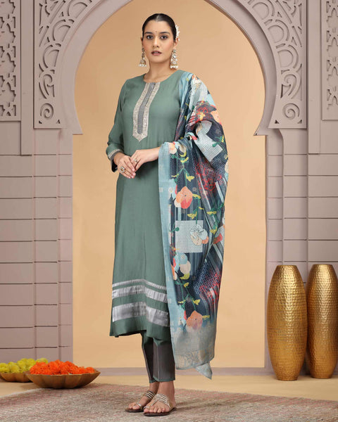Green Grey Readymade Chiffon Salwar Suit For Woman With Chanderi Jacquard Dupatta
