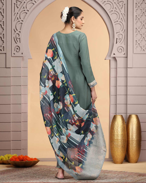 Green Grey Readymade Chiffon Salwar Suit For Woman With Chanderi Jacquard Dupatta