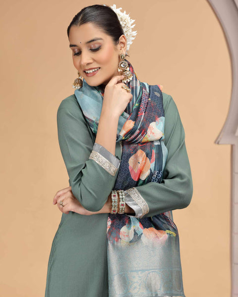 Green Grey Readymade Chiffon Salwar Suit For Woman With Chanderi Jacquard Dupatta