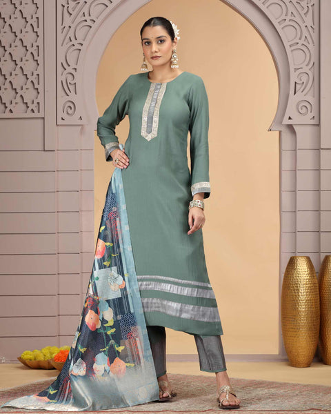 Green Grey Readymade Chiffon Salwar Suit For Woman With Chanderi Jacquard Dupatta