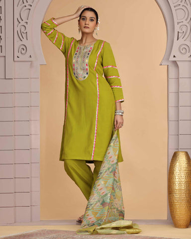 Green Readymade Chiffon Salwar Suit For Woman With Chanderi Jacquard Dupatta
