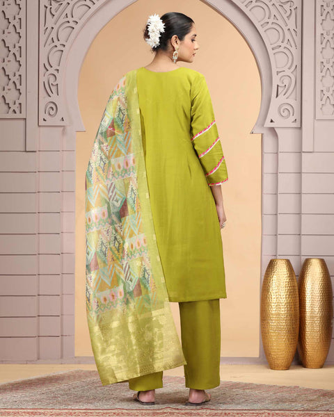 Green Readymade Chiffon Salwar Suit For Woman With Chanderi Jacquard Dupatta