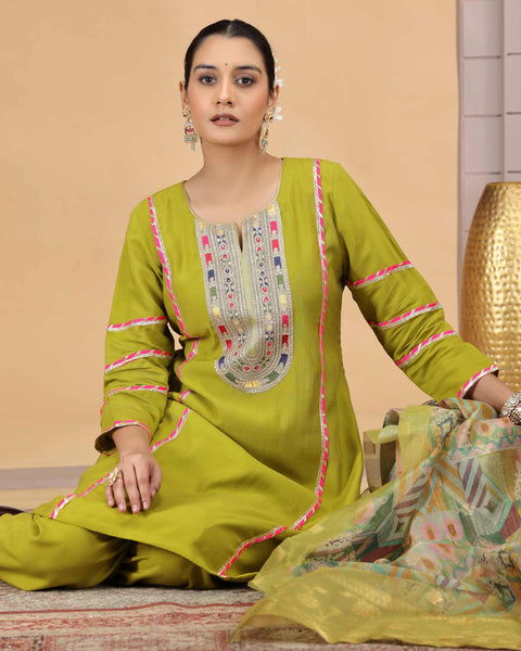 Green Readymade Chiffon Salwar Suit For Woman With Chanderi Jacquard Dupatta
