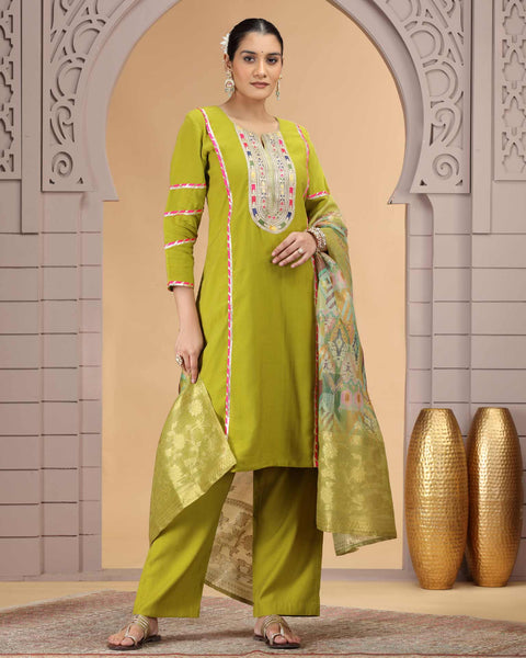 Green Readymade Chiffon Salwar Suit For Woman With Chanderi Jacquard Dupatta