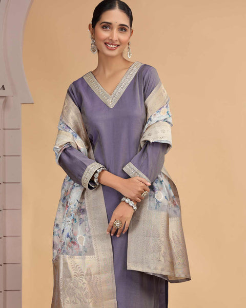 Purple Readymade Chiffon Salwar Suit For Woman With Chanderi Jacquard Dupatta