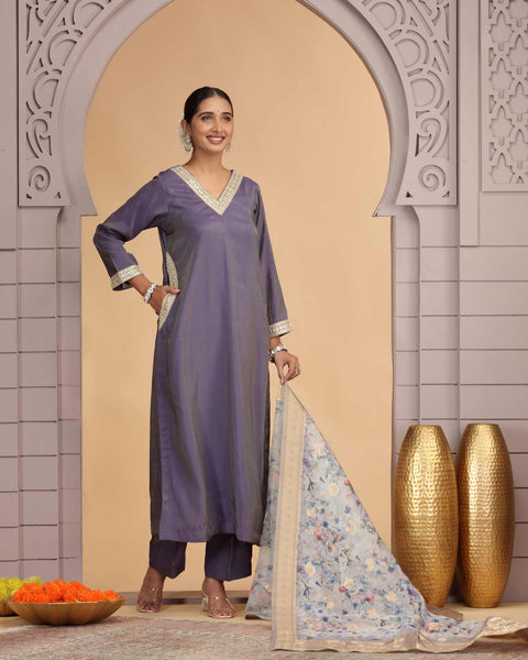 Purple Readymade Chiffon Salwar Suit For Woman With Chanderi Jacquard Dupatta
