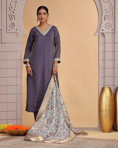 Purple Readymade Chiffon Salwar Suit For Woman With Chanderi Jacquard Dupatta