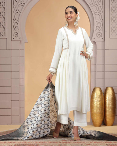 Off White Chiffon Readymade Pant Suit For Woman With Chiffon Jacquard Dupatta