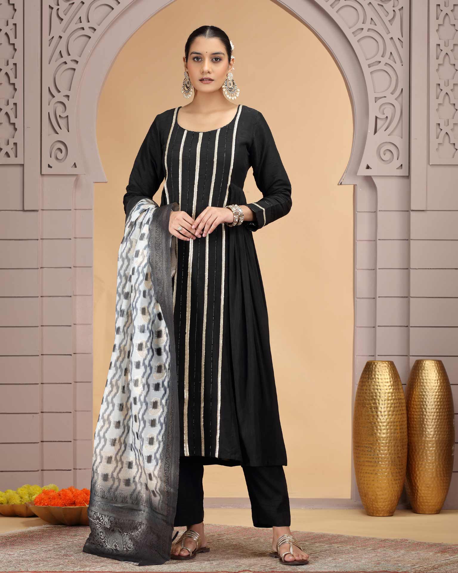 Black Chiffon Readymade Pant Suit For Woman With Chiffon Jacquard Dupatta