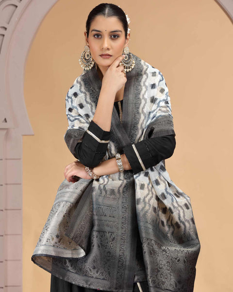 Black Chiffon Readymade Pant Suit For Woman With Chiffon Jacquard Dupatta