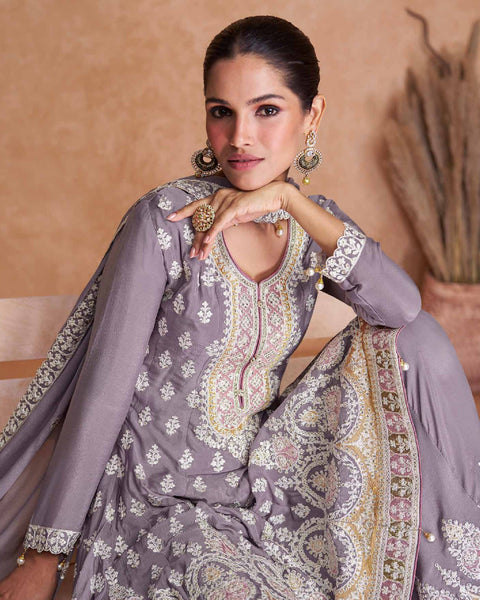 Lavender Chinnon Silk Readymade Frock Suit With Sequins & Thread Work &  Embroidered Palazzo & Dupatta