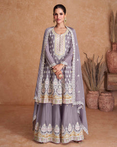 Lavender Chinnon Silk Readymade Frock Suit With Sequins & Thread Work &  Embroidered Palazzo & Dupatta