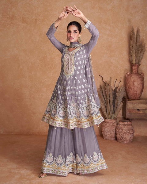 Lavender Chinnon Silk Readymade Frock Suit With Sequins & Thread Work &  Embroidered Palazzo & Dupatta