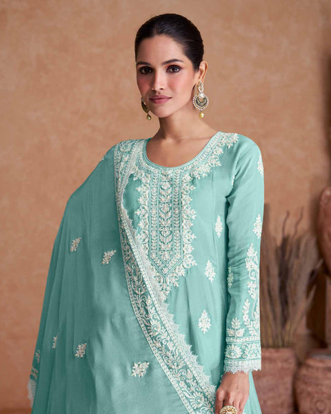 Sky Blue Chinnon Silk Readymade Frock Suit With Thread Work &  Embroidered Palazzo & Dupatta