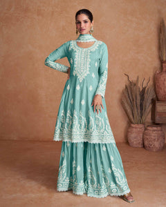 Sky Blue Chinnon Silk Readymade Frock Suit With Thread Work &  Embroidered Palazzo & Dupatta