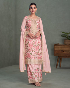 Pink Chinnon  Silk Thread & Mirror Embroidery Work Women Readymade Palazzo Suit