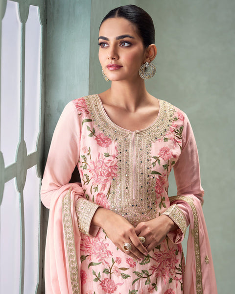 Pink Chinnon  Silk Thread & Mirror Embroidery Work Women Readymade Palazzo Suit