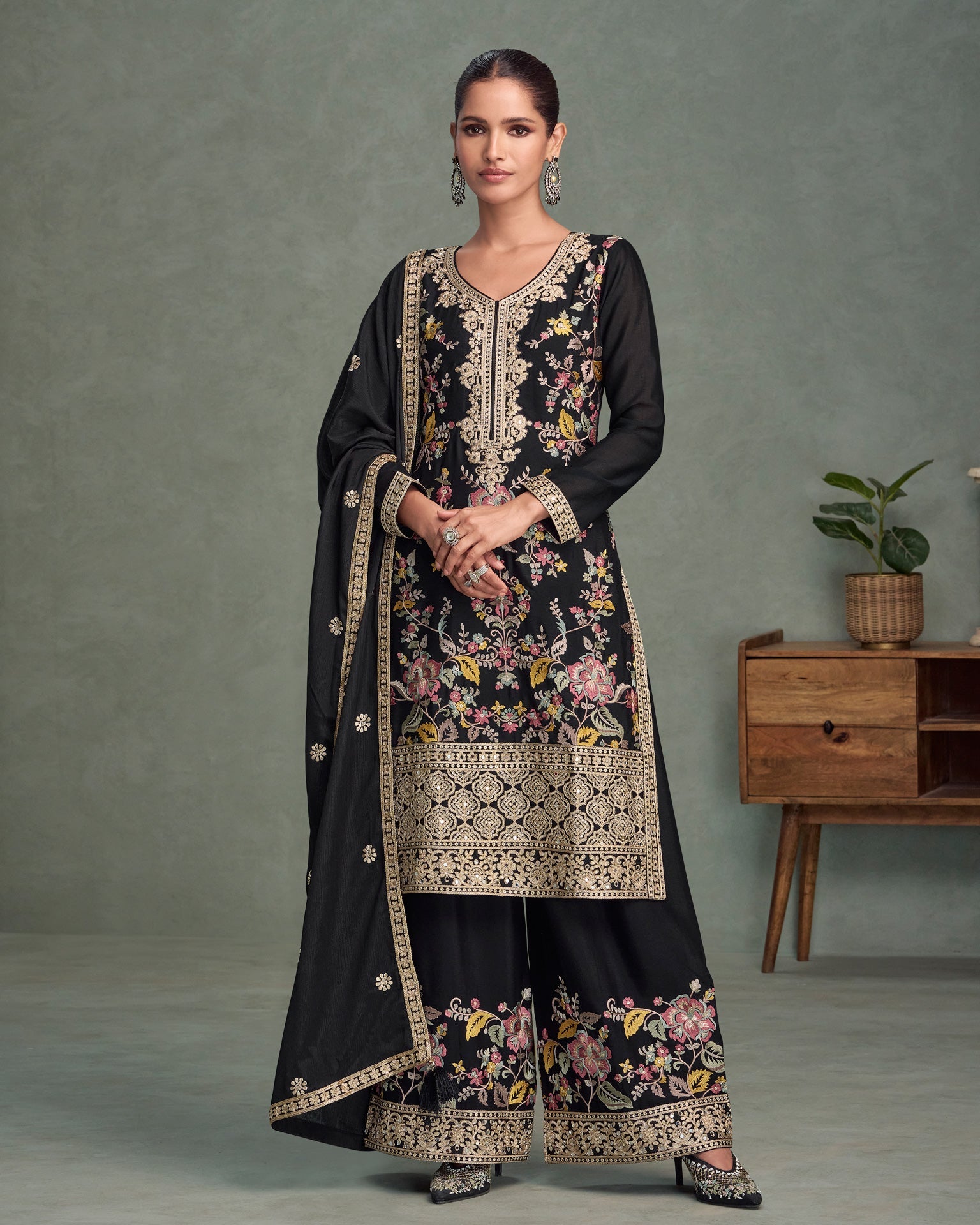 Black Chinnon  Silk Thread & Mirror Embroidery Work Women Readymade Palazzo Suit