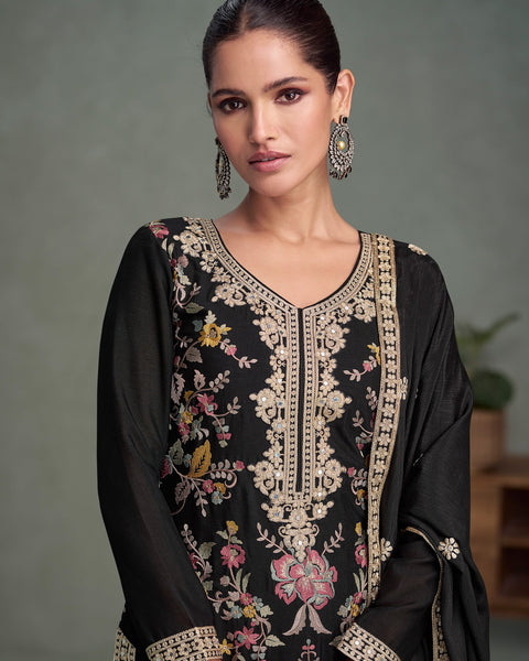 Black Chinnon  Silk Thread & Mirror Embroidery Work Women Readymade Palazzo Suit