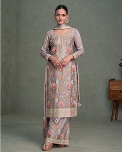 Lavender Chinnon  Silk Thread & Mirror Embroidery Work Women Readymade Palazzo Suit