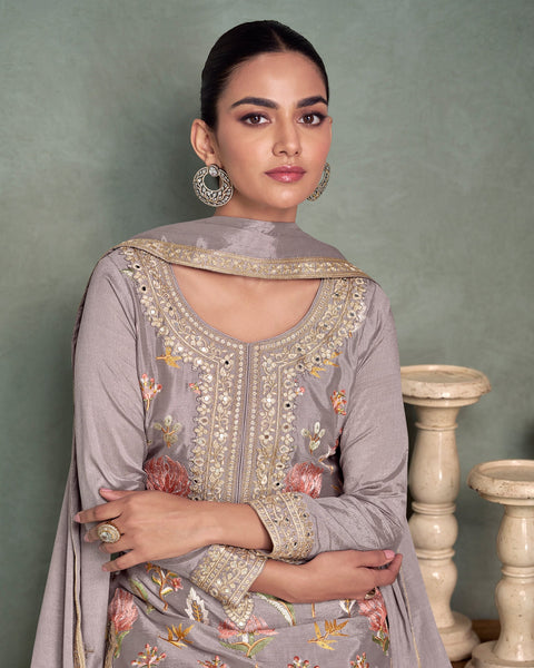 Lavender Chinnon  Silk Thread & Mirror Embroidery Work Women Readymade Palazzo Suit