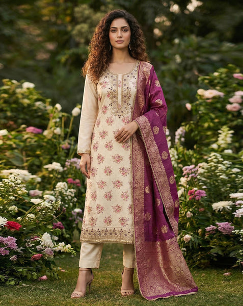 Cream Magenta Chanderi Plus Size Unstitched Women Pant Suit
