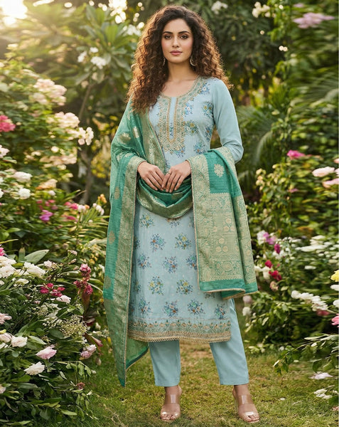 Blue Green Chanderi Plus Size Unstitched Women Pant Suit