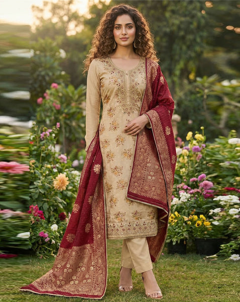 Beige Maroon Chanderi Plus Size Unstitched Women Pant Suit