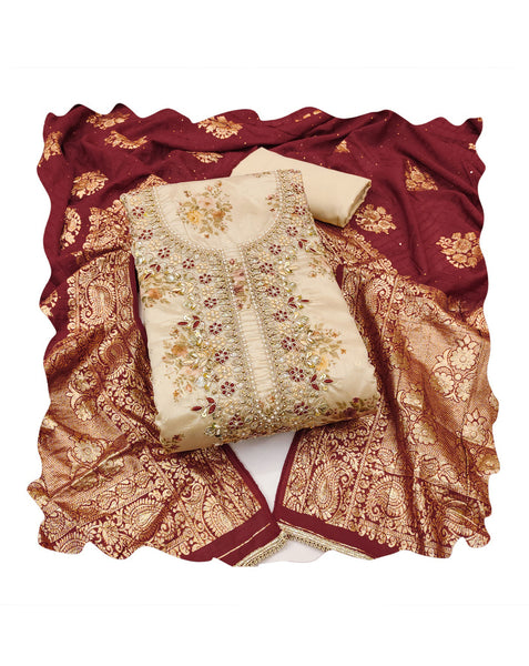 Beige Maroon Chanderi Plus Size Unstitched Women Pant Suit