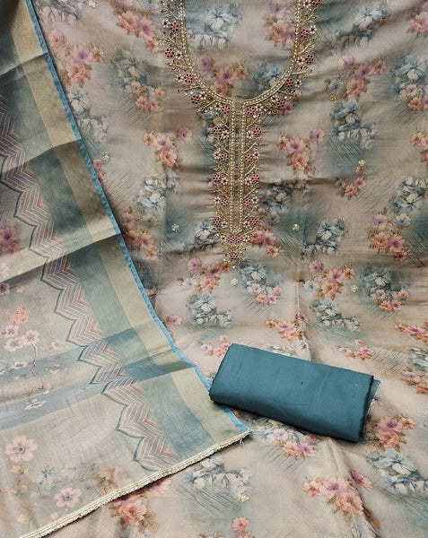 Beige Blue Viscose Plus Size Unstitched Women Salwar Kameez With Printed Dupatta