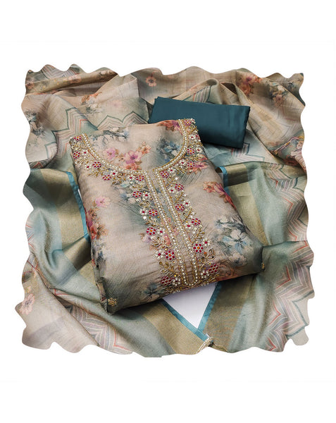 Beige Blue Viscose Plus Size Unstitched Women Salwar Kameez With Printed Dupatta