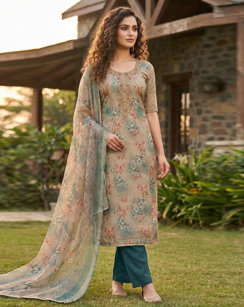 Beige Blue Viscose Plus Size Unstitched Women Salwar Kameez With Printed Dupatta