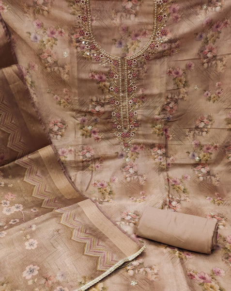 Beige Viscose Women Unstitched Plus Size Salwar Kameez With Printed Dupatta