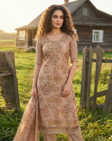 Beige Viscose Women Unstitched Plus Size Salwar Kameez With Printed Dupatta