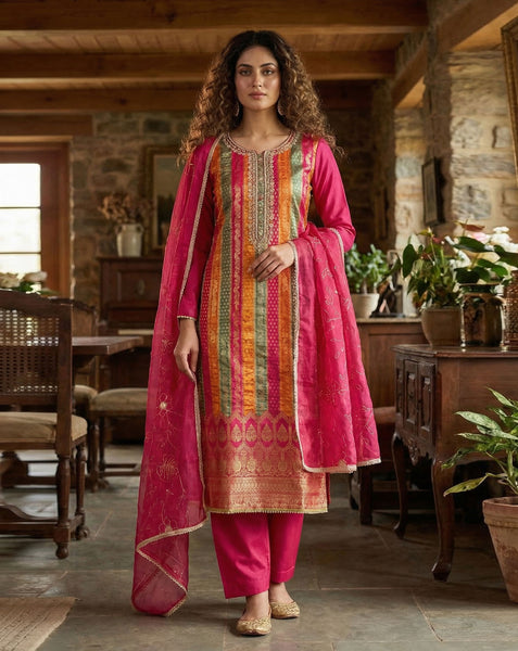 Pink Yellow Green Banarasi Jacquard Plus Size Unstitched Women Pant Suit
