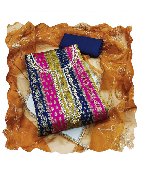 Blue Yellow Pink Banarasi Jacquard Plus Size Unstitched Women Pant Suit