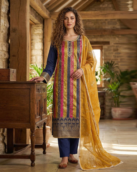 Blue Yellow Pink Banarasi Jacquard Plus Size Unstitched Women Pant Suit