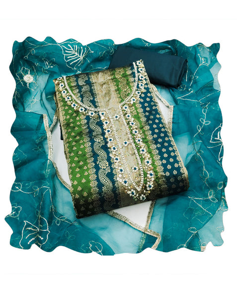 Blue Green Banarasi Jacquard Plus Size Unstitched Women Pant Suit