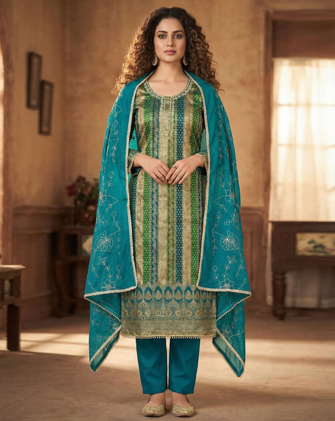 Blue Green Banarasi Jacquard Plus Size Unstitched Women Pant Suit
