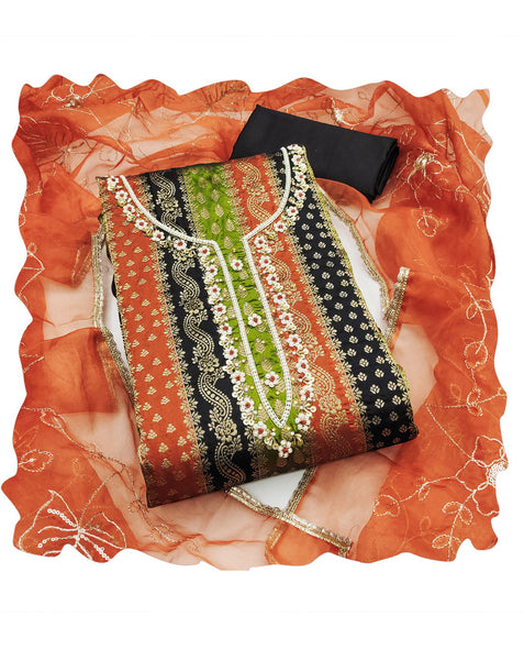 Black Orange Green Banarasi Jacquard Plus Size Unstitched Women Pant Suit