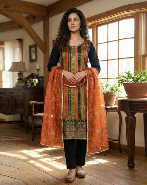 Black Orange Green Banarasi Jacquard Plus Size Unstitched Women Pant Suit